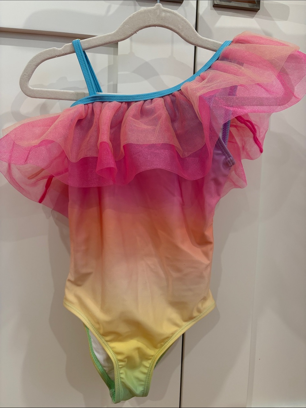 Girls MOLO Ombre Ruffle One-Shoulder Swimsuit - Pink, Yellow, Blue